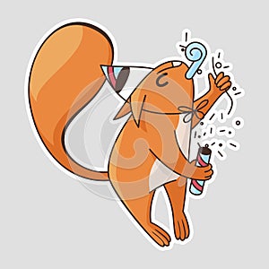 Cartoon funny squirrel in a cone hat on holiday explodes a cracker. Vector sticker,