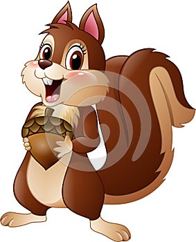 Cartoon funny squirrel holding pine cone