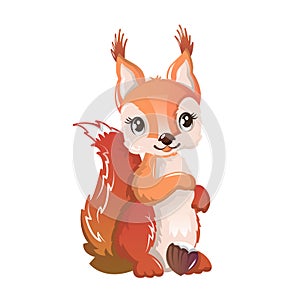 Cartoon funny squirrel with pine cone. Fauna animal, representative rodent.