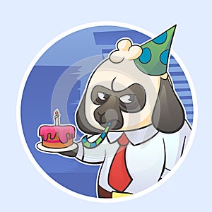 Cartoon funny sticker illustration of businessman boss sheep with a grumpy expression with cake and party hat. Hard work stress an