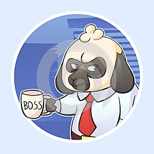 Cartoon funny sticker illustration of businessman boss sheep with a grumpy expression with mug. Hard work stress and Monday