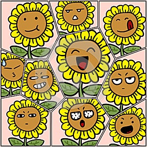 cartoon funny sunflower faces set