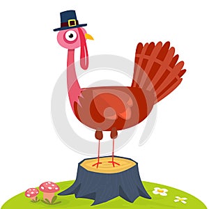 Cartoon funny turkey bird character for Thanksgiving illustration. Vector isolated