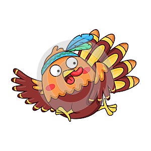 Cartoon funny turkey bird in indian headband with feathers runs away for Thanksgiving