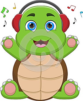 Cartoon funny turtle listening to music