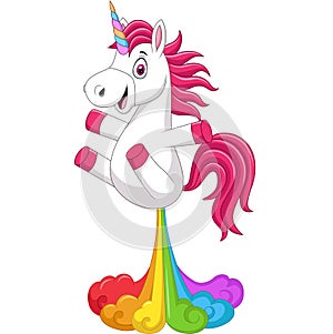 Cartoon funny unicorn horse with rainbows
