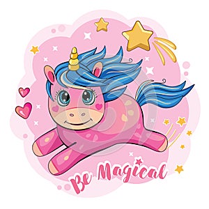 Cartoon funny unicorn on a white background. Cute little pony with balloon, stars, heart. Fabulous animal. Isolated illustration.