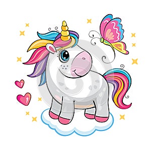 Cartoon funny unicorn on a white background. Cute little pony with butterfly, star, cloud, heart. Vector illustration for sticker