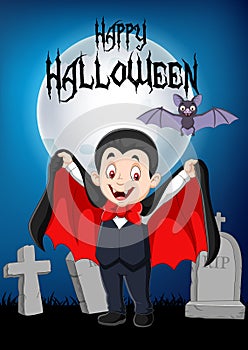 Cartoon funny vampire with halloween background