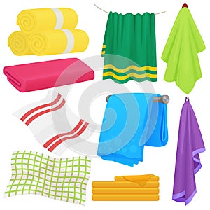 Cartoon funny vector towels. Cloth cotton towel for bath. Fabric towel for hygiene.