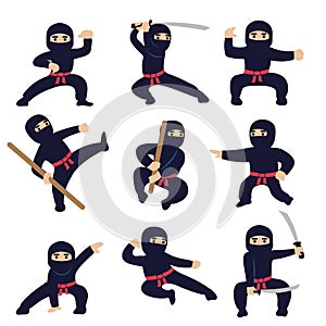 Cartoon funny warriors. Ninja or samurai vector characters