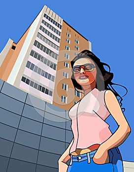 Cartoon funny woman against the backdrop of a tall building