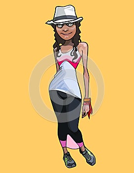 Cartoon funny woman in fashionable summer clothes and hat