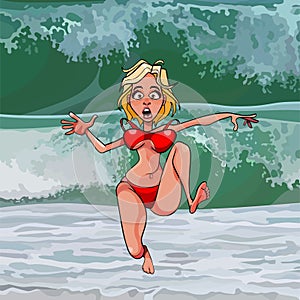 Cartoon funny woman runs away from a big wave