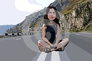 Cartoon funny woman sitting on the roadway in the mountains