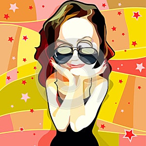 Cartoon funny woman in sunglasses happily impressed