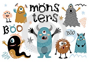 Cartoon furry monsters. Cute creatures with fun face, little funny symbols of horror, humor characters for mascot