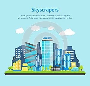 Cartoon Future City on a Landscape Background Card Poster. Vector
