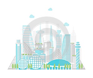 Cartoon Future City on a Landscape Background. Vector