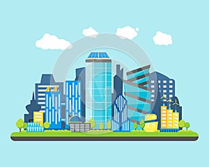 Cartoon Future City on a Landscape Background. Vector