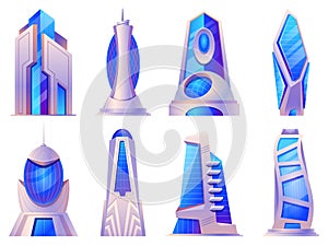 Cartoon futuristic city buildings and skyscrapers glass construction. Alien or future tower build, urban cyberpunk