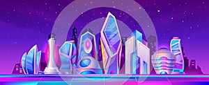 Cartoon futuristic city night landscape with neon light. Cyberpunk future metropolis street with skyscrapers. Fiction