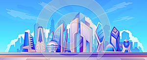 Cartoon futuristic smart city landscape with glass skyscrapers. Modern urban cityscape architecture. Future metropolis