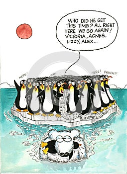 Cartoon gag of polar bear and penguins