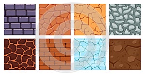 Cartoon game ground. Texture game brick surface, ice, bricks sandy desert and dirt ground layers for game level design