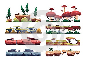 Cartoon game level surface. Ground and floor asset for game UI, sand, grass, dirt, swamp, lava, stone, ice, snow, water photo