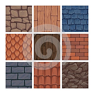 Cartoon game texture. Roof and wall backgrounds for gaming UI. Stone block and brickwork. Rock, soil and wooden