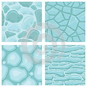 Cartoon game textures, ice surface seamless patterns. Game assets walls and environment backgrounds