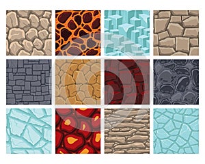 Cartoon game textures, lava, ice, rocks and brick, dirt and ground surface seamless patterns. Game assets walls and environment