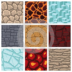 Cartoon game textures, lava, ice, rocks and brick, dirt and ground surface seamless patterns. Game assets walls and environment