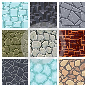 Cartoon game textures, lava, ice, rocks and brick, dirt and ground surface seamless patterns. Game assets walls and environment
