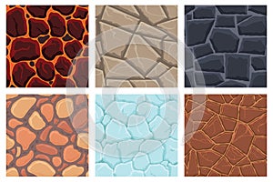 Cartoon game textures, lava, ice, rocks and brick, dirt and ground surface seamless patterns. Game assets walls and environment