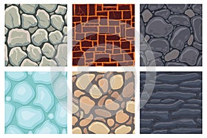 Cartoon game textures, lava, ice, rocks and brick, dirt and ground surface seamless patterns. Game assets walls and environment