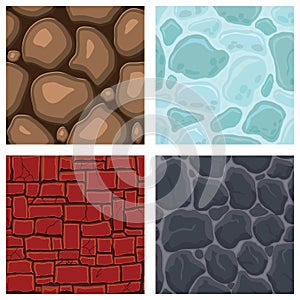 Cartoon game textures, lava, ice, rocks and brick, dirt and ground surface seamless patterns. Game assets walls and environment