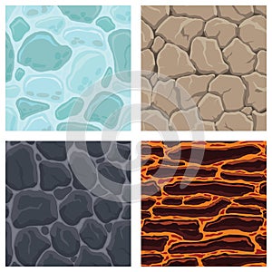 Cartoon game textures, lava, ice, rocks and brick, dirt and ground surface seamless patterns. Game assets walls and environment