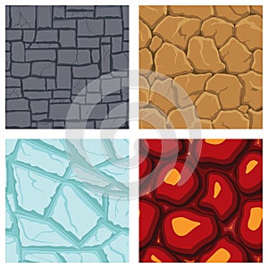 Cartoon game textures, lava, ice, rocks and brick, dirt and ground surface seamless patterns. Game assets walls and environment