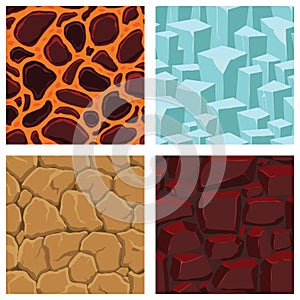 Cartoon game textures, lava, ice, rocks and brick, dirt and ground surface seamless patterns. Game assets walls and environment