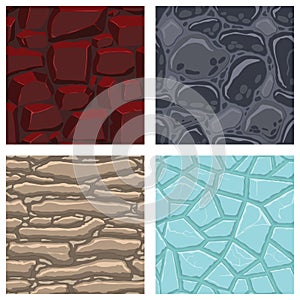 Cartoon game textures, lava, ice, rocks and brick, dirt and ground surface seamless patterns. Game assets walls and environment