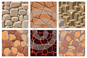 Cartoon game textures, lava, rocks and brick, dirt and ground surface seamless patterns. Game assets walls and environment