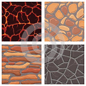 Cartoon game textures, lava, rocks and brick, dirt and ground surface seamless patterns. Game assets walls and environment
