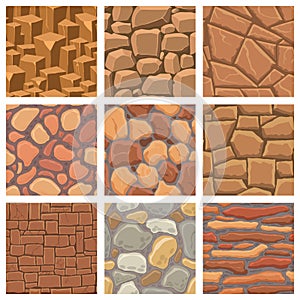 Cartoon game textures, rocks, dirt and ground surface seamless patterns. Game assets walls and environment backgrounds