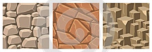 Cartoon game textures, rocks, dirt and ground surface seamless patterns. Game assets walls and environment backgrounds