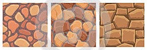 Cartoon game textures, rocks, dirt and ground surface seamless patterns. Game assets walls and environment backgrounds