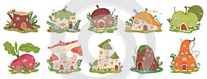Cartoon garden gnome houses, cute fairytale dwarfs house. Fantasy forest elves buildings in shape of mushroom, pumpkin