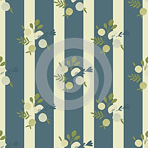 Cartoon garden harves seamless pattern with apple and leaf branches ornament. Navy blue striped background