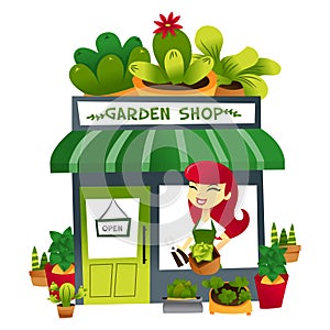 Cartoon Garden Shop With Storekeeper At the Window